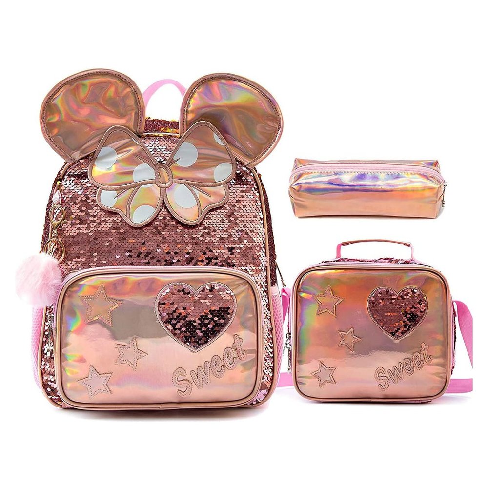 lvyH Women Girls 3 in 1 Rolling Backpack Sequins Backpacks with Lunch Pencil Bag